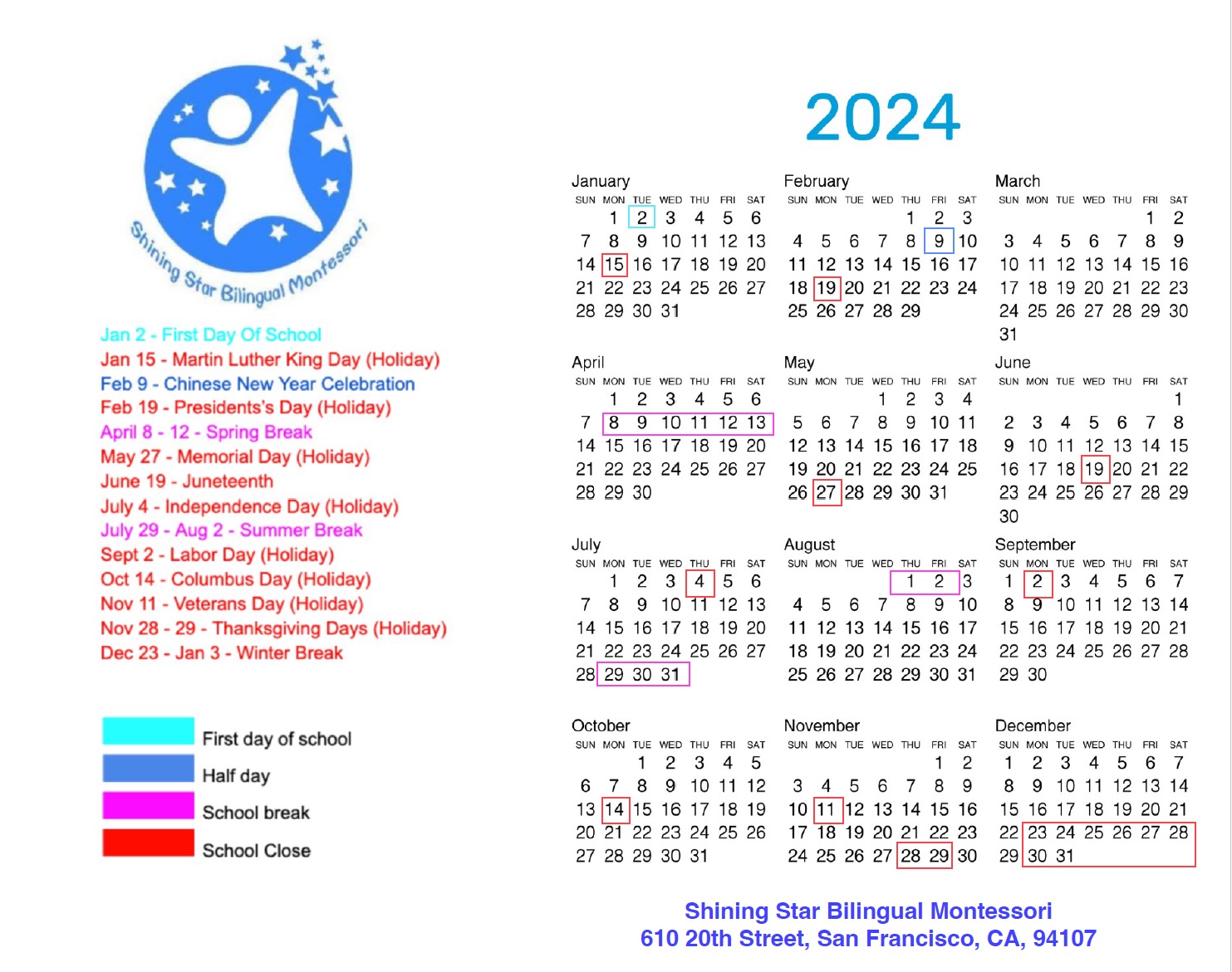 Calendar 2024 Shining Star Bilingual Montessori